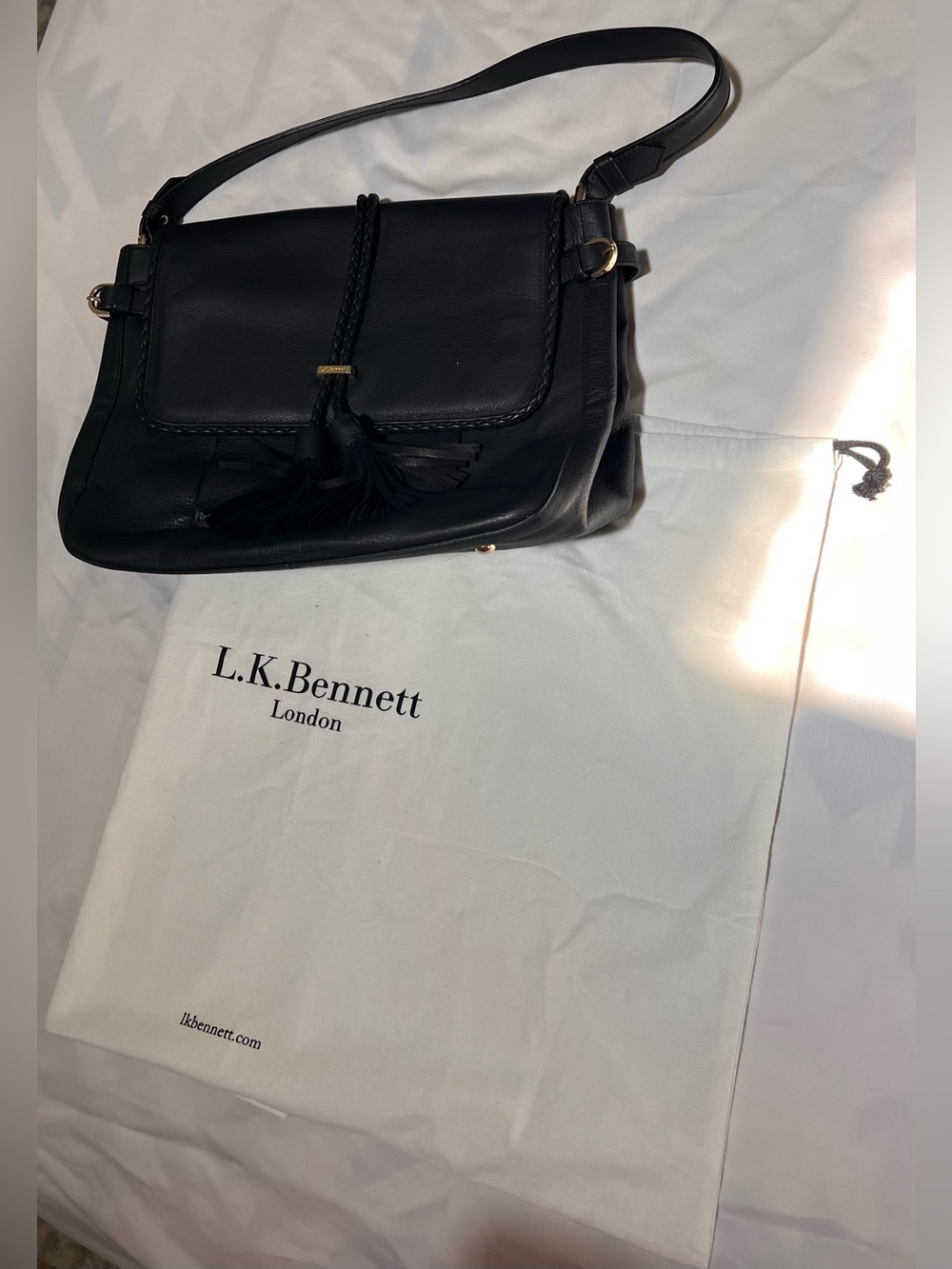 LK Bennett Black Leather Shoulder Bag with Braided Tassel with storage bag - Picture 2 of 15